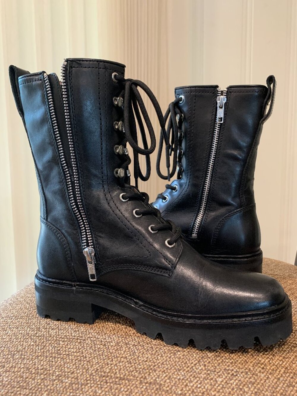Frye Black Leather Combat Moto Boots with Silver Zippers